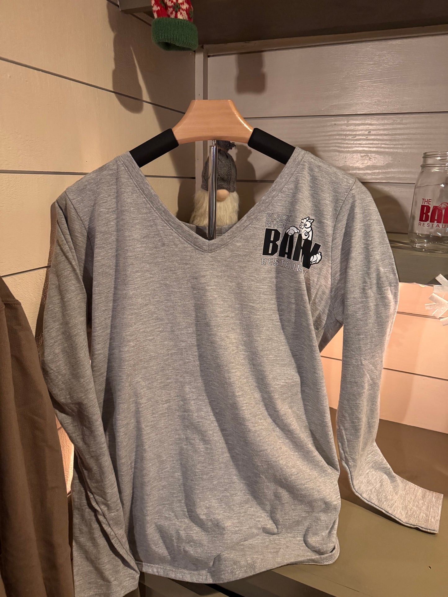 Heather gray ladies Black River Barn V-neck t-shirt with logo on chest
